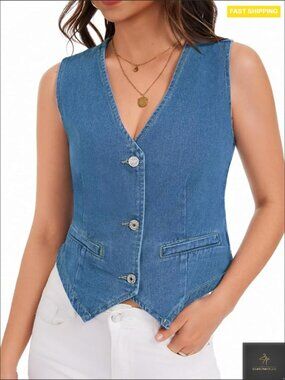 Denim Vest Sleeveless V Neck Button Down Jean Jacket Y2K Crop Top
